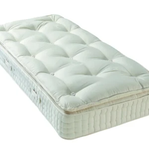 A visually detailed product description for the Hypnos Pillow Top Elite mattress, featuring a list of its high-quality natural and sustainable fillings, a 10-year guarantee, and tables for dimensions and weight. The description highlights the mattress's plush pillow top and ReActivePro™ spring system.