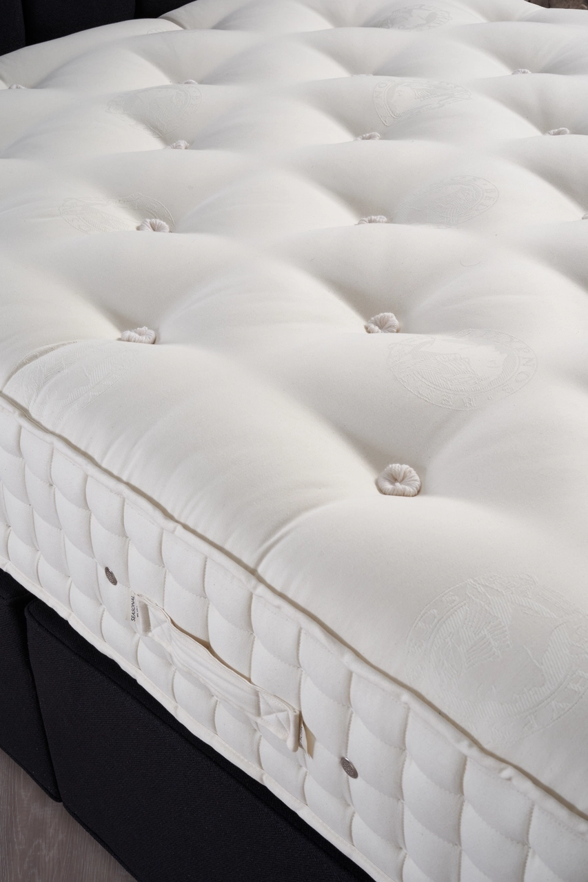 A detailed product description for the Hypnos Wool Origins 8 mattress. It highlights the mattress's generous wool content, ReActiveProโข spring system with Adaptivโข comfort springs, and double-sided design, along with dimensions, weight, and a 10-year guarantee.