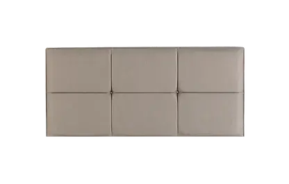 A modern, rectangular headboard in a light, neutral-colored upholstered fabric. The headboard has a hand-piped border and cushioned panels and is shown against a plain grey background.