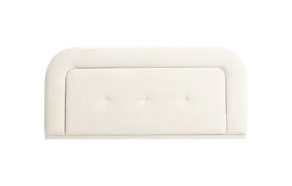 An elegant, cushioned headboard with a rounded top and a recessed central panel featuring three buttons. The headboard is in a neutral color and is shown against a plain grey background.