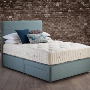 A detailed product description for the Hypnos Wool Origins 6 mattress. It highlights the mattress's generous wool content, ReActivePro™ spring system, and double-sided design, along with dimensions, weight, and a 10-year guarantee.