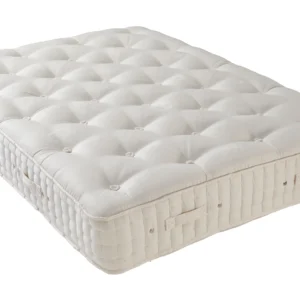 A detailed product description for the Hypnos Luxury No Turn 9 mattress. It highlights the mattress's three layers of natural latex, ReActivePro™ 9-turn pocket spring system, and double-sided design, along with dimensions, weight, and a 10-year guarantee.