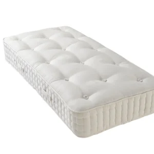 A detailed product description for the Hypnos Luxury No Turn 9 mattress. It highlights the mattress's three layers of natural latex, ReActivePro™ 9-turn pocket spring system, and double-sided design, along with dimensions, weight, and a 10-year guarantee.