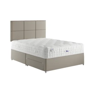 A detailed product image showing the internal layers of the Luxury Pashmina 2350 mattress, including the pocket springs and pashmina-wool layers. The image also displays the full mattress on a divan base in a bedroom setting, highlighting its hand-tufted finish and a tag with "10" indicating a 10-year warranty.