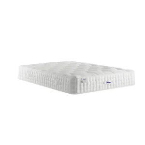 A detailed product image showing the internal layers of the Luxury Pashmina 2350 mattress, including the pocket springs and pashmina-wool layers. The image also displays the full mattress on a divan base in a bedroom setting, highlighting its hand-tufted finish and a tag with "10" indicating a 10-year warranty.