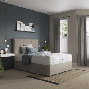 A detailed product image showing the internal layers of the Luxury Pashmina 2350 mattress, including the pocket springs and pashmina-wool layers. The image also displays the full mattress on a divan base in a bedroom setting, highlighting its hand-tufted finish and a tag with "10" indicating a 10-year warranty.