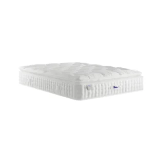 A detailed product image showing the internal layers of the Luxury Silk 2850 mattress, including the pocket springs, pillowtop layer with mini pocket springs, and silk-cashmere fillings. The image also displays the full mattress on a divan base in a bedroom setting, highlighting its elegant finish and a tag with "10" indicating a 10-year warranty.