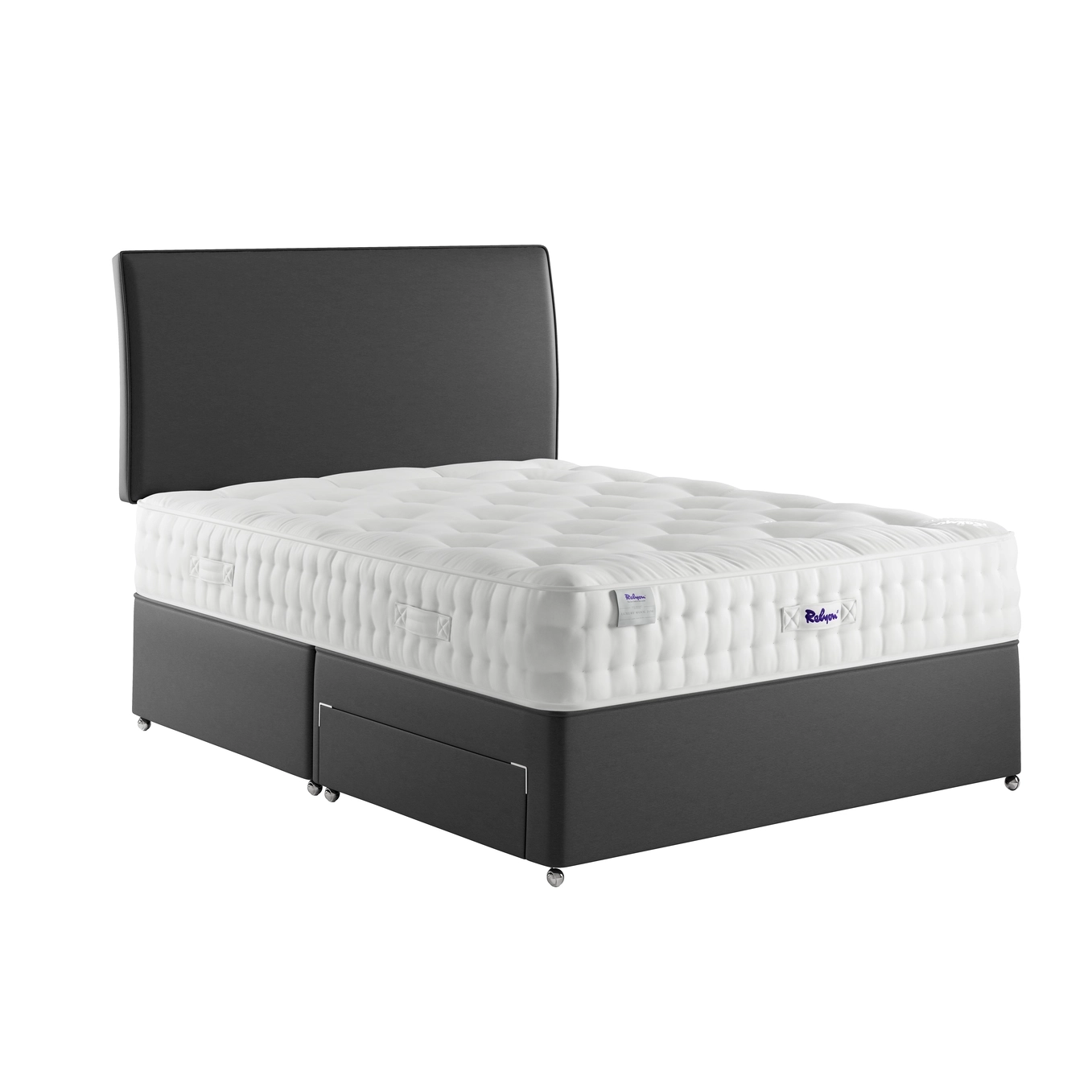 A detailed product image showing the internal layers of the Luxury Wool 2150 mattress, including the pocket springs and wool layers. The image also displays the full mattress on a divan base in a bedroom setting, highlighting its hand-tufted finish and a tag with "10" indicating a 10-year warranty.