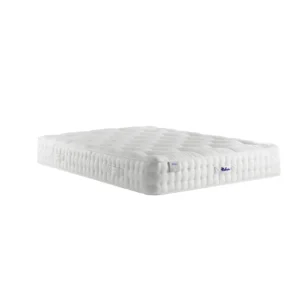 A detailed product image showing the internal layers of the Luxury Wool 2150 mattress, including the pocket springs and wool layers. The image also displays the full mattress on a divan base in a bedroom setting, highlighting its hand-tufted finish and a tag with "10" indicating a 10-year warranty.