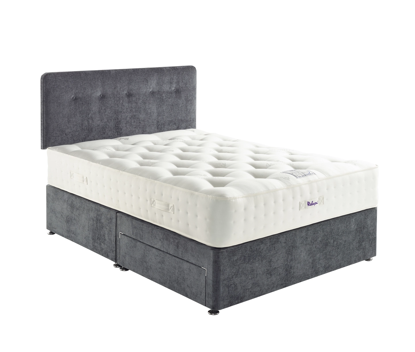 A detailed product image showing the internal layers of the Natural Luxury 1400 Deluxe mattress, including the pocket springs, foam, and natural fillings. The image also displays the full mattress on a divan base in a bedroom setting, highlighting its elegant finish and a tag with "10" indicating a 10-year warranty.