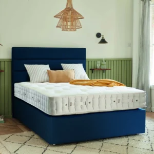 Hypnos Cotton Origins 6 mattress datasheet showing a cross-section of its internal layers and a full product shot on a divan base