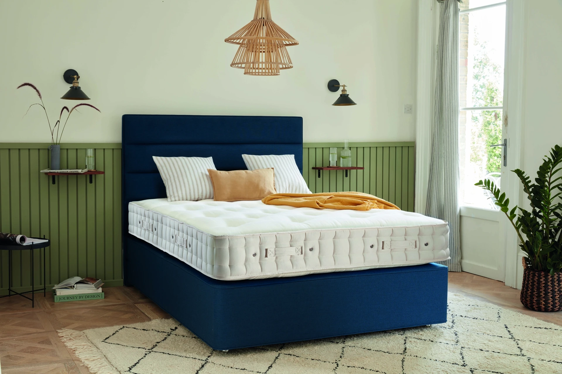 Hypnos Cotton Origins 6 mattress datasheet showing a cross-section of its internal layers and a full product shot on a divan base