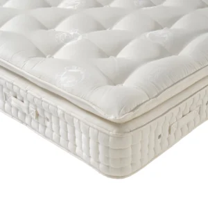 A visually detailed product description for the Hypnos Pillow Top Luxe mattress, featuring a list of its high-quality natural and sustainable fillings, a 10-year guarantee, and tables for dimensions and weight. The description highlights the mattress's plush pillow top, medium to medium soft feel, and ReActivePro™ spring system.