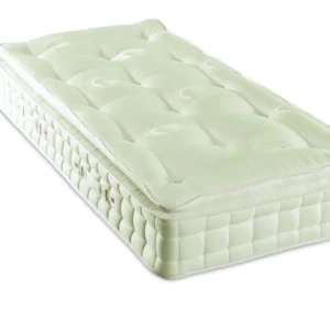 A visually detailed product description for the Hypnos Pillow Top Select mattress, featuring a list of its high-quality natural and sustainable fillings, a 10-year guarantee, and tables for dimensions and weight. The description highlights the mattress's plush pillow top and ReActiveProβ’ spring system.