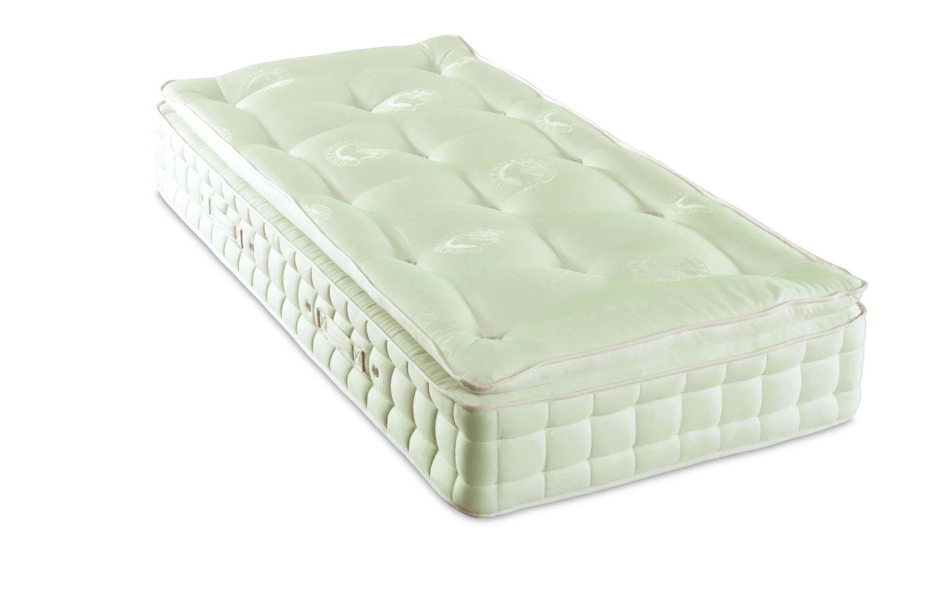 A visually detailed product description for the Hypnos Pillow Top Select mattress, featuring a list of its high-quality natural and sustainable fillings, a 10-year guarantee, and tables for dimensions and weight. The description highlights the mattress's plush pillow top and ReActiveProβ’ spring system.