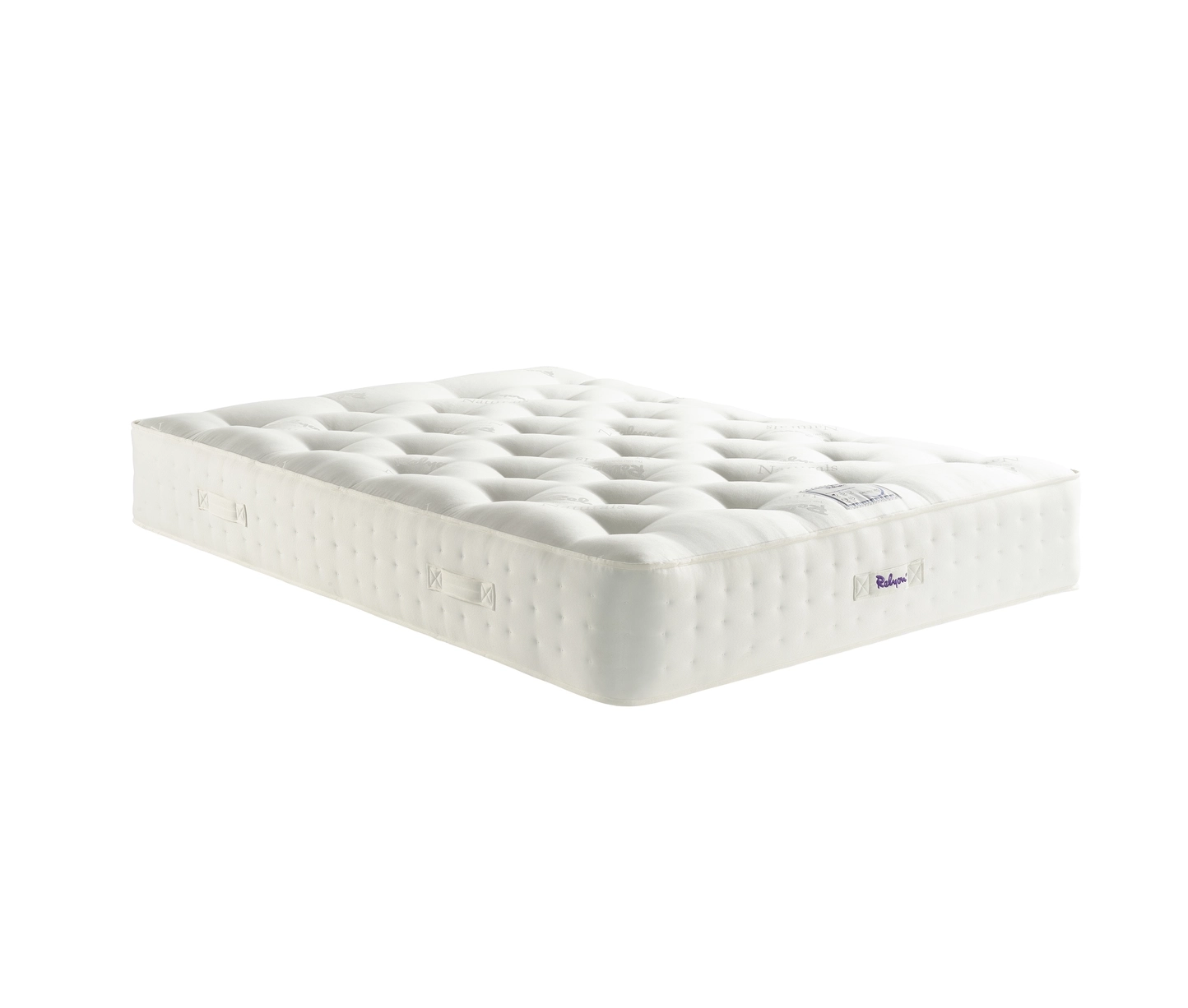 A detailed product image showing the internal layers of the Natural Luxury 1400 Deluxe mattress, including the pocket springs, foam, and natural fillings. The image also displays the full mattress on a divan base in a bedroom setting, highlighting its elegant finish and a tag with "10" indicating a 10-year warranty.