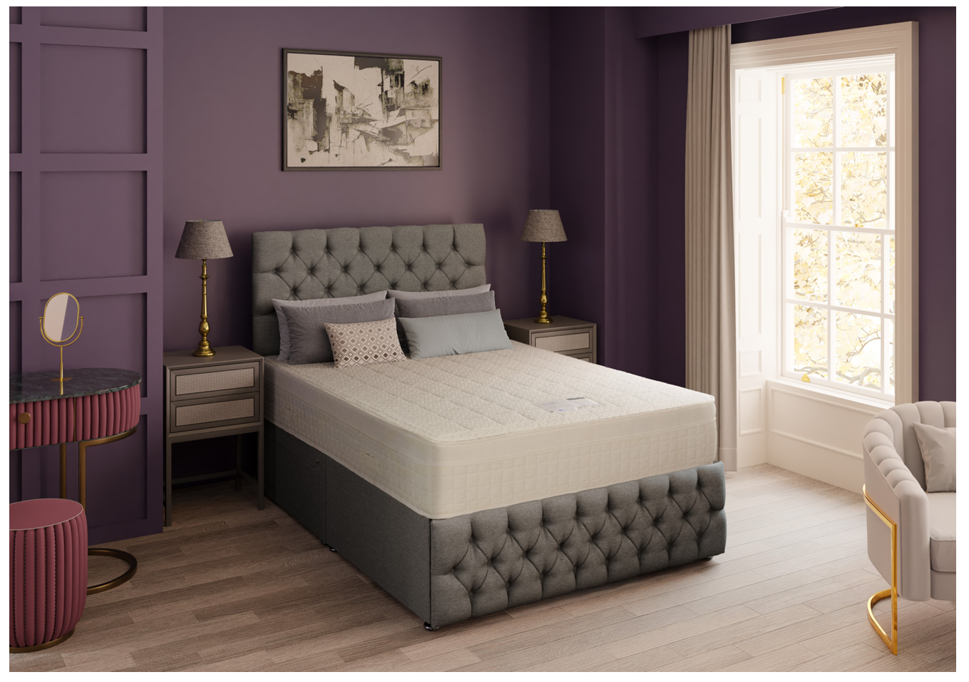 A detailed product image of the Sorrento mattress, showing a close-up of its deeply quilted surface and elegant white fabric. The mattress has a smooth, textured pattern, highlighting its quality and design.