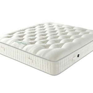A screenshot of the Harrison Spinks Emerald 16,500 mattress product page. The images show a full mattress on a blue divan base, a close-up of the mattress's quilting, and a list of key features including 16,500 springs and natural fillings.