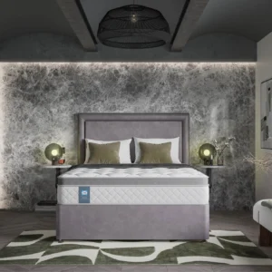 A screenshot of the Sealy Visionary mattress product page. The images show the mattress on a divan base in a modern bedroom setting, a close-up of the mattress's quilting, and a list of key features including PostureTech SenseSupport® springs, Geltex® foam, and a 5-year guarantee.