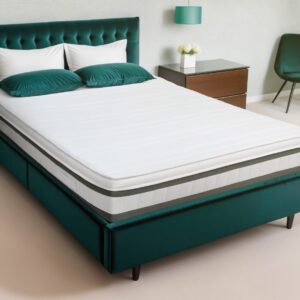 A screenshot of the Breasley Uno Exclusive Majestic mattress product page. The page shows a full-size mattress on a divan base and highlights key features such as a 5-year guarantee, CertiPUR-EU foam, and its luxury dual-spring system.
