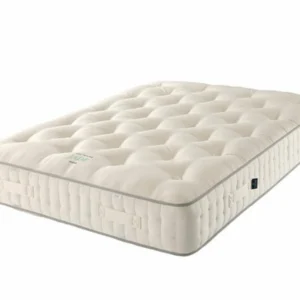 A screenshot of the Harrison Spinks Jade 10,000 mattress product page. The images show a full mattress on a green divan base, a close-up of the mattress's quilting, and a list of key features including 10,000 springs and natural fillings.