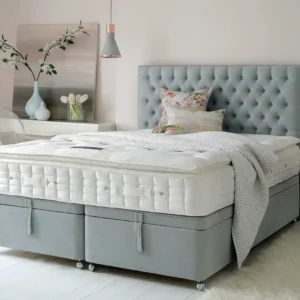 Two images of a Hypnos Superstorage™ divan base. The first image shows the divan base closed with a mattress on top in a bedroom setting. The second image shows the top of the bed base lifted up by hydraulic pistons to reveal a large, flexible storage space underneath, filled with pillows and blankets.