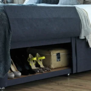 Two images of the Hypnos HideAway™ Storage divan base. The images show the valances being lifted to reveal a large hidden storage area underneath. The images highlight the storage capacity and the clean, upholstered finish.