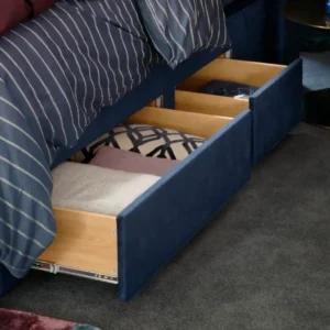 A screenshot showing three images of divan storage options. One image shows an open drawer with pillows and bedding, another shows a divan base with drawers and a mattress, and the third is a diagram of the different drawer configurations available.