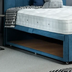 Two images of the Hypnos HideAway™ Storage divan base. The images show the valances being lifted to reveal a large hidden storage area underneath. The images highlight the storage capacity and the clean, upholstered finish.