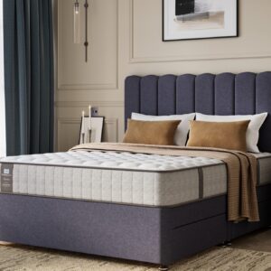 A full shot of the Chapman Extra Firm Mattress, shown on a matching divan base with a contemporary upholstered headboard. The mattress has a premium quilted white and grey top with the Sealy branding visible on the side panel.