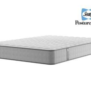 A full shot of the Chapman Extra Firm Mattress, shown on a matching divan base with a contemporary upholstered headboard. The mattress has a premium quilted white and grey top with the Sealy branding visible on the side panel.