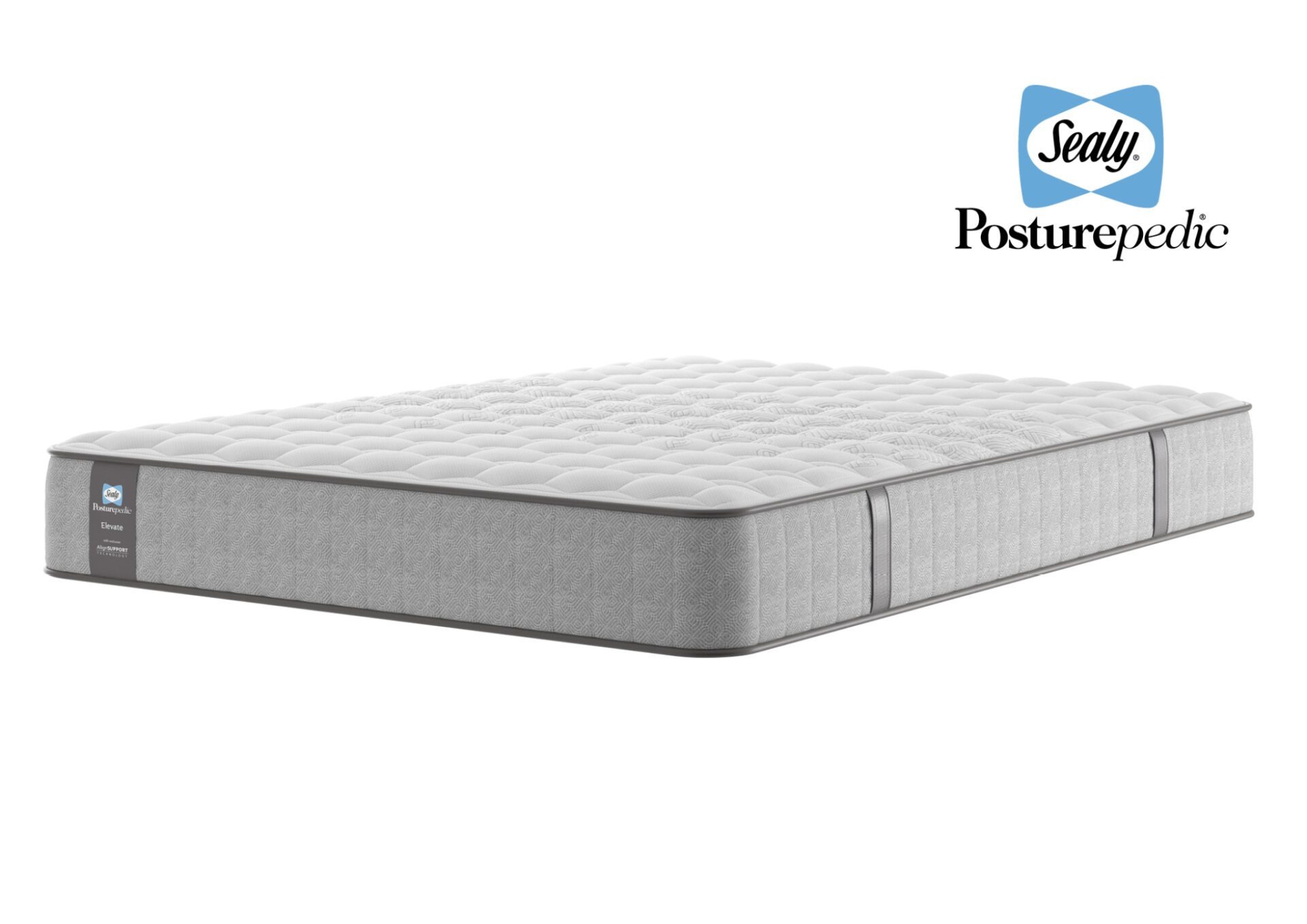 A full shot of the Chapman Extra Firm Mattress, shown on a matching divan base with a contemporary upholstered headboard. The mattress has a premium quilted white and grey top with the Sealy branding visible on the side panel.