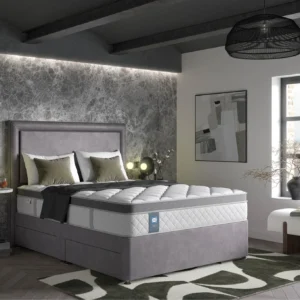 A screenshot of the Sealy Visionary mattress product page. The images show the mattress on a divan base in a modern bedroom setting, a close-up of the mattress's quilting, and a list of key features including PostureTech SenseSupport® springs, Geltex® foam, and a 5-year guarantee.