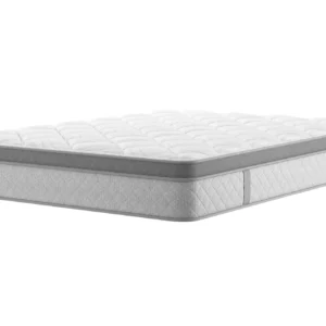 A screenshot of the Sealy Visionary mattress product page. The images show the mattress on a divan base in a modern bedroom setting, a close-up of the mattress's quilting, and a list of key features including PostureTech SenseSupport® springs, Geltex® foam, and a 5-year guarantee.