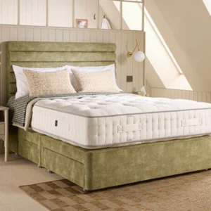 A screenshot of the Harrison Spinks Jade 10,000 mattress product page. The images show a full mattress on a green divan base, a close-up of the mattress's quilting, and a list of key features including 10,000 springs and natural fillings.