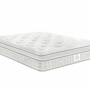 A screenshot of the Harrison Spinks Asscher Pillowtop 11,000 mattress product page. The images show a full mattress on a pink divan base, a close-up of the mattress's quilting, and a list of key features including 11,000 springs and natural fillings.