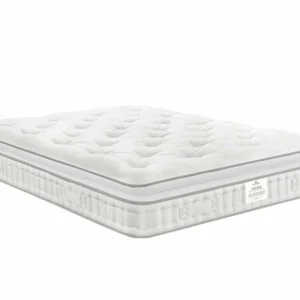 A screenshot of the Harrison Spinks Asscher Pillowtop 11,000 mattress product page. The images show a full mattress on a pink divan base, a close-up of the mattress's quilting, and a list of key features including 11,000 springs and natural fillings.