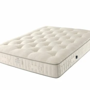 A screenshot of the Harrison Spinks Bronze 3,500 mattress product page. The images show a full mattress on a brown divan base, a close-up of the mattress's quilting, and a list of key features including 3,500 springs and natural fillings.