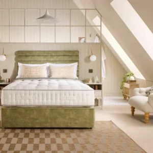 A screenshot of the Harrison Spinks Jade 10,000 mattress product page. The images show a full mattress on a green divan base, a close-up of the mattress's quilting, and a list of key features including 10,000 springs and natural fillings.