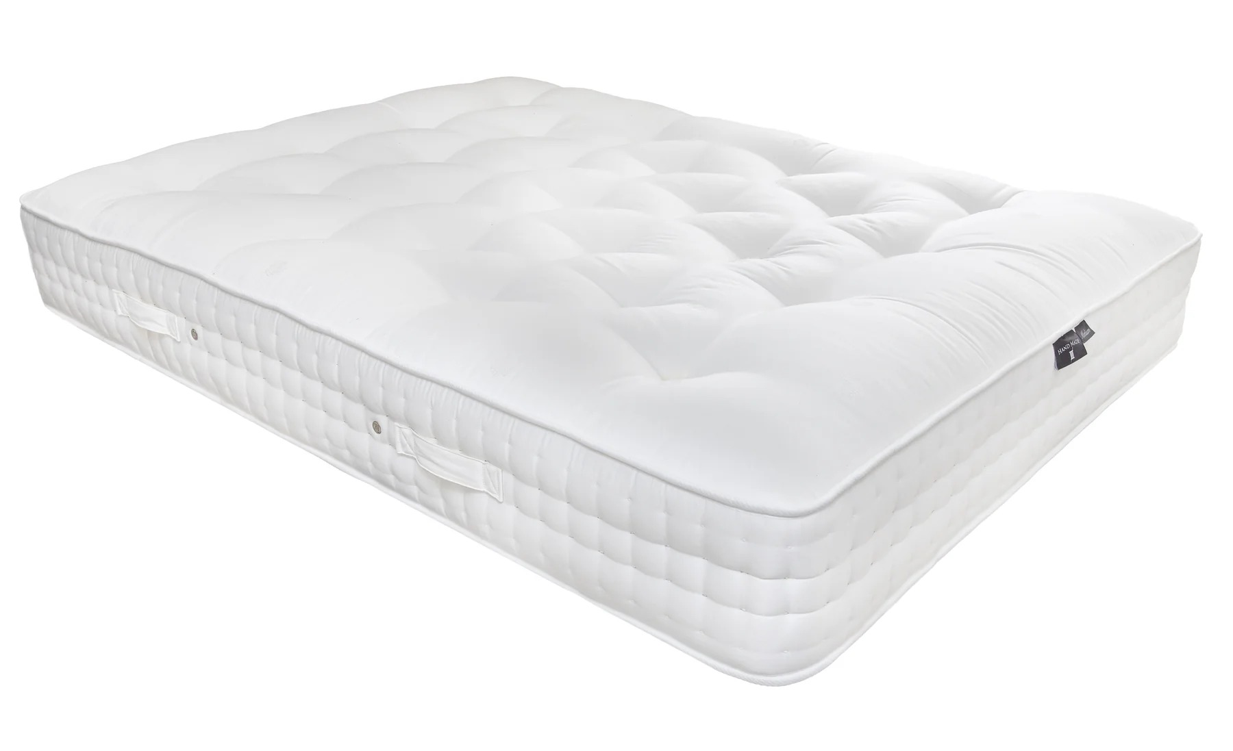A full shot of the Natural 5000 Pocket Sprung Mattress, showing its thick profile, hand-tufted finish, and luxurious white quilted fabric. Small thumbnails show a detail shot and the side with stitched handles.