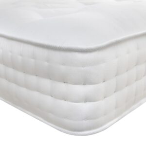 A full shot of the Natural 5000 Pocket Sprung Mattress, showing its thick profile, hand-tufted finish, and luxurious white quilted fabric. Small thumbnails show a detail shot and the side with stitched handles.