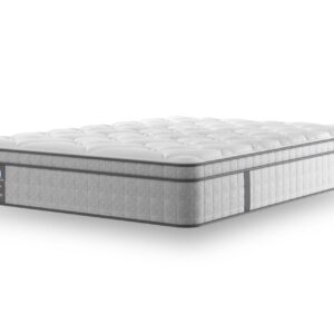 A full shot of the Spencer Plush Mattress, shown on a dark blue divan base with a tall, contemporary upholstered headboard, set in a bright bedroom with light wood wall panelling. The mattress has a deep quilted white top.