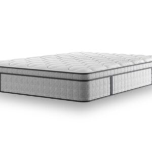 A full shot of the Blake Medium Mattress, shown on a light grey divan base with a matching upholstered headboard, set in a contemporary bedroom with light blue wall panelling. The mattress has a deep quilted white top.