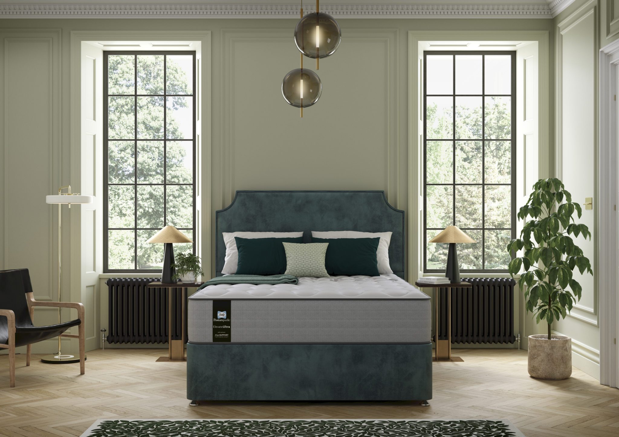 A full shot of the Venus 1500 Hybrid Mattress, shown on a dark grey divan base with storage drawers and a matching upholstered headboard, set in a contemporary bedroom. The mattress features a white top panel and a distinctive grey quilted side panel.