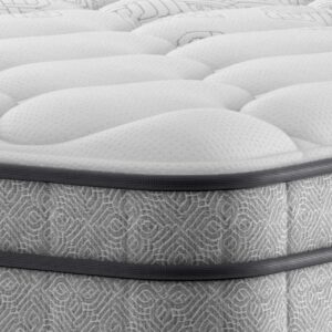 A full shot of the Blake Medium Mattress, shown on a light grey divan base with a matching upholstered headboard, set in a contemporary bedroom with light blue wall panelling. The mattress has a deep quilted white top.