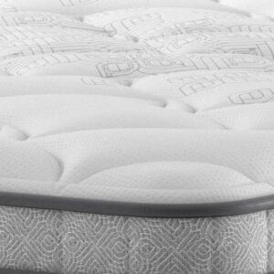 A full shot of the Spencer Plush Mattress, shown on a dark blue divan base with a tall, contemporary upholstered headboard, set in a bright bedroom with light wood wall panelling. The mattress has a deep quilted white top.
