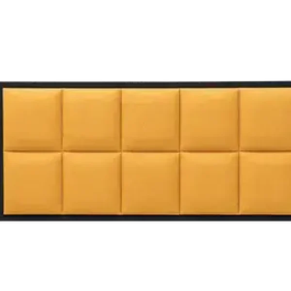 A striking headboard with two rows of square panels in a mustard-colored upholstered fabric. The panels are set within a black border. The headboard is shown against a plain grey background.