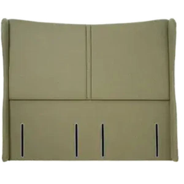 An elegant, extra-wide upholstered headboard with P-shaped wings that wrap around the head of the bed, shown in a light, neutral-colored fabric. The headboard is shown against a plain grey background.
