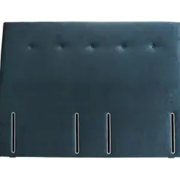 A deep, contemporary headboard with a gentle slope and a curved top, featuring four central buttons. The headboard is in a dark, neutral-colored fabric and is shown against a plain grey background.