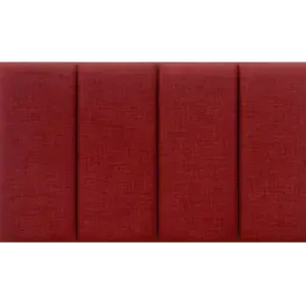 A deeply-cushioned headboard with four vertical panels, shown in a dark red upholstered fabric. The headboard is shown against a plain grey background.